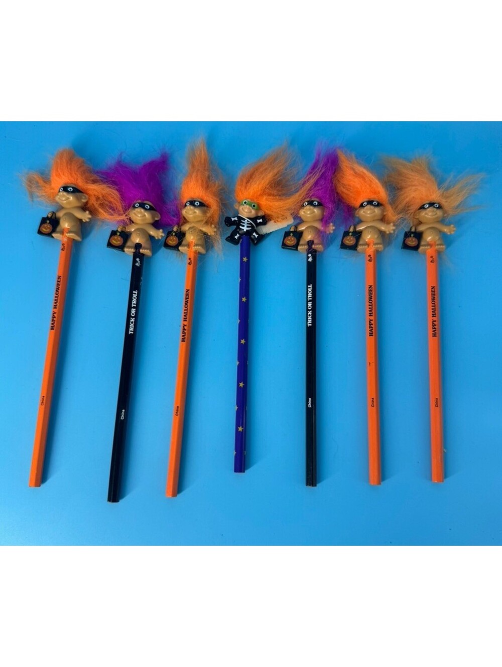 7 Vtg Troll Pencil Topper Pencil Good Luck Troll Happy Halloween New Old Stock